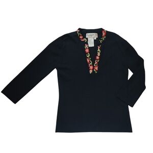 Joseph A Black Sweater with Floral Embroidered Neckline 3/4 Sleeve Size M